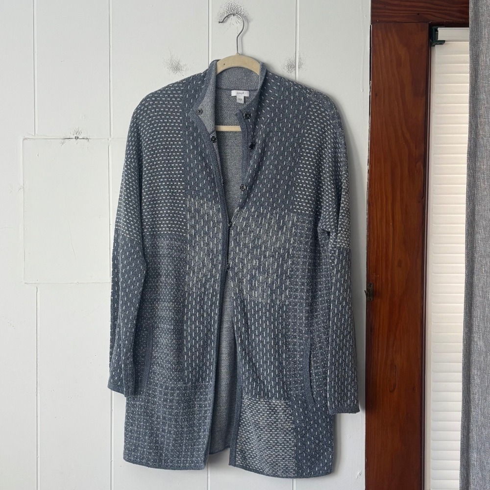 Pure Jill J Jill Blue White Jacquard Dash Snap Front Longline Cardigan Sweater S